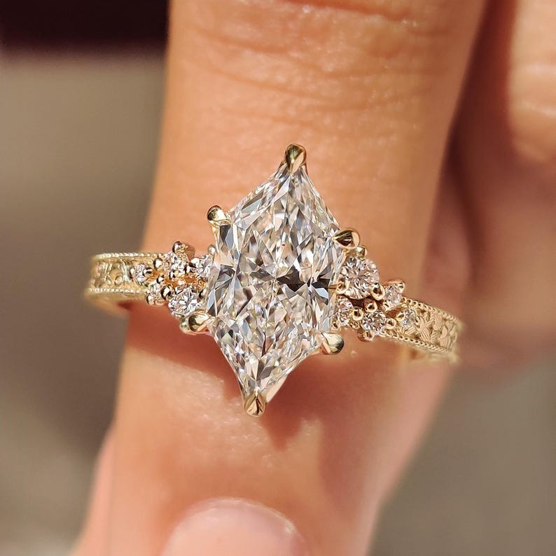 Dutch Marquise Moissanite Cluster Floral Hand Engraved Filigree Wedding Ring