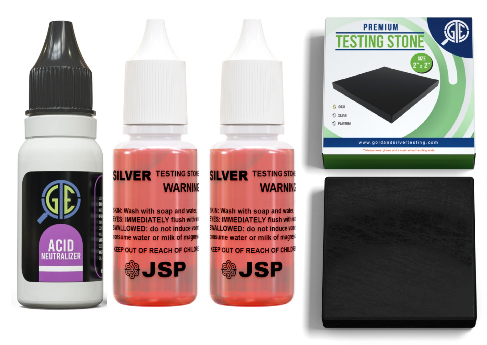 2 JSP Silver Test Acid Jewelry Testing Sterling Solution w/ Neutralizer & Stone