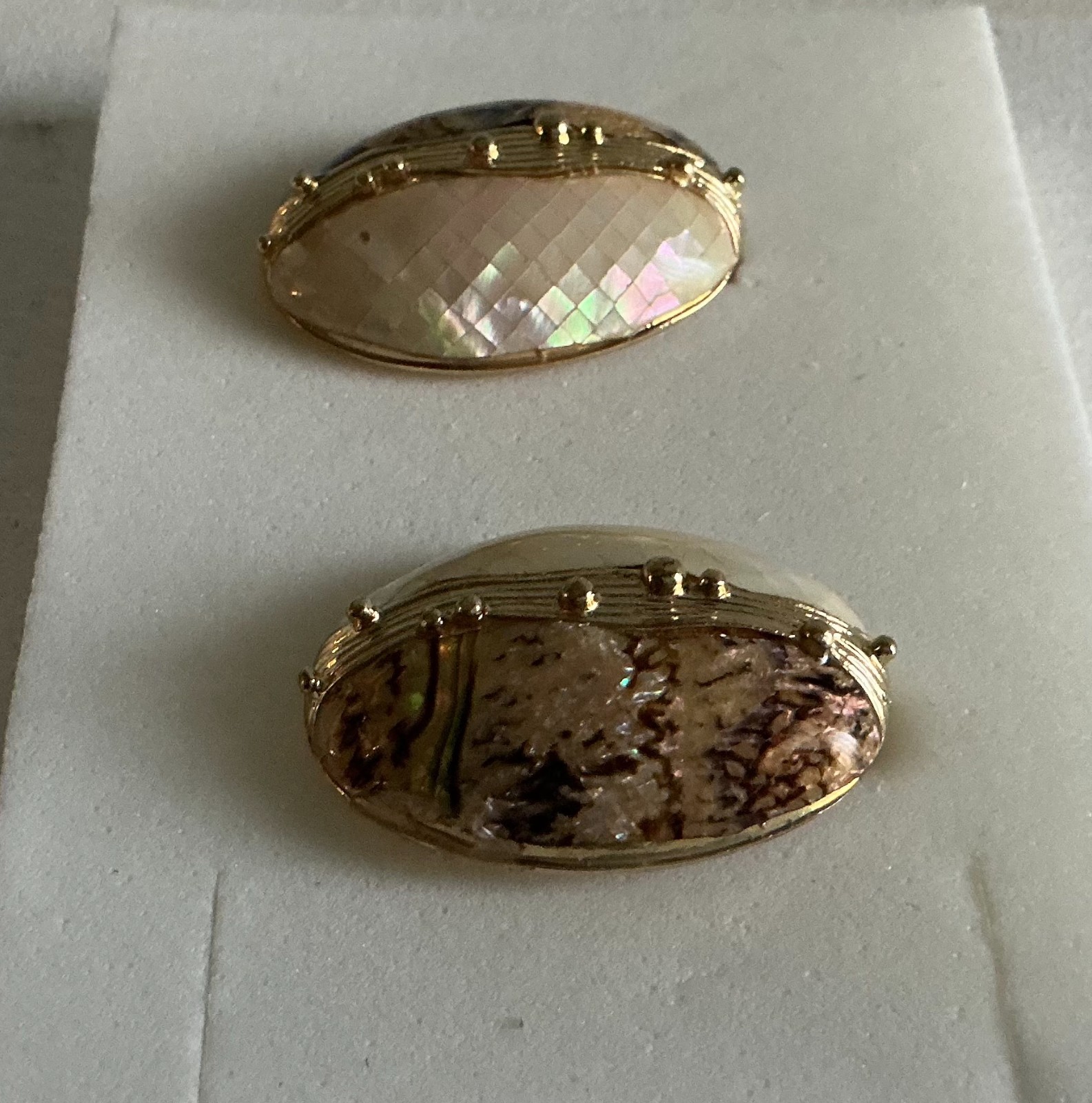 Vintage 1980s Oval Statement Clip On Earrings Mother of Pearl & Tortoise