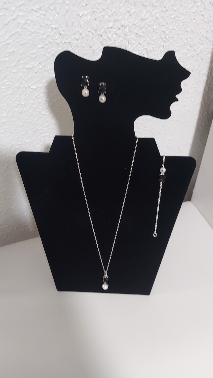 TOUS Silver Pearl & Black Crystal Jewelry Set Necklace Bracelet Earrings