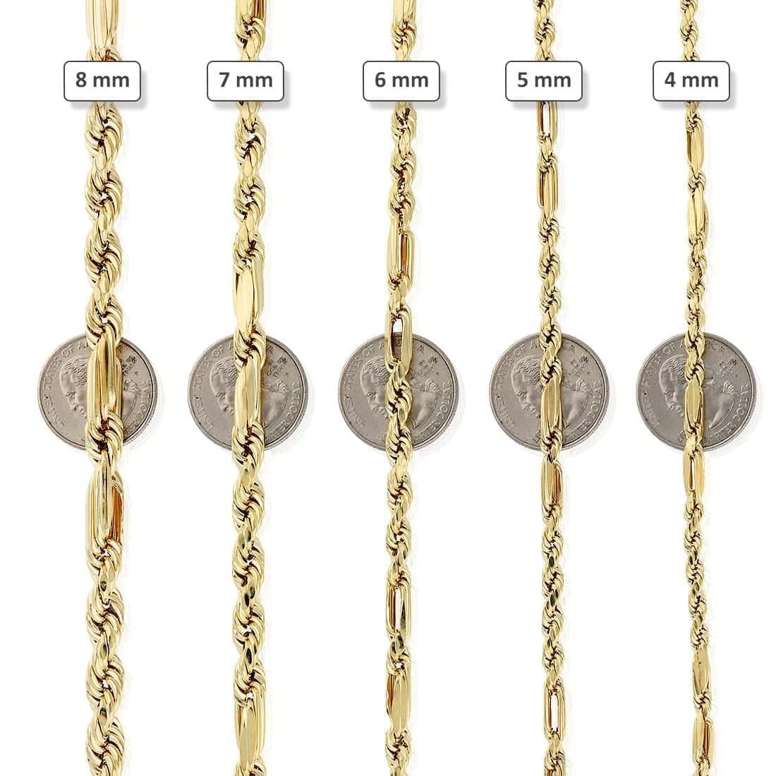 10K Solid Gold Diamond-Cut 4-8mm Milano Figaro Rope Chain (Hollow) 20-32″