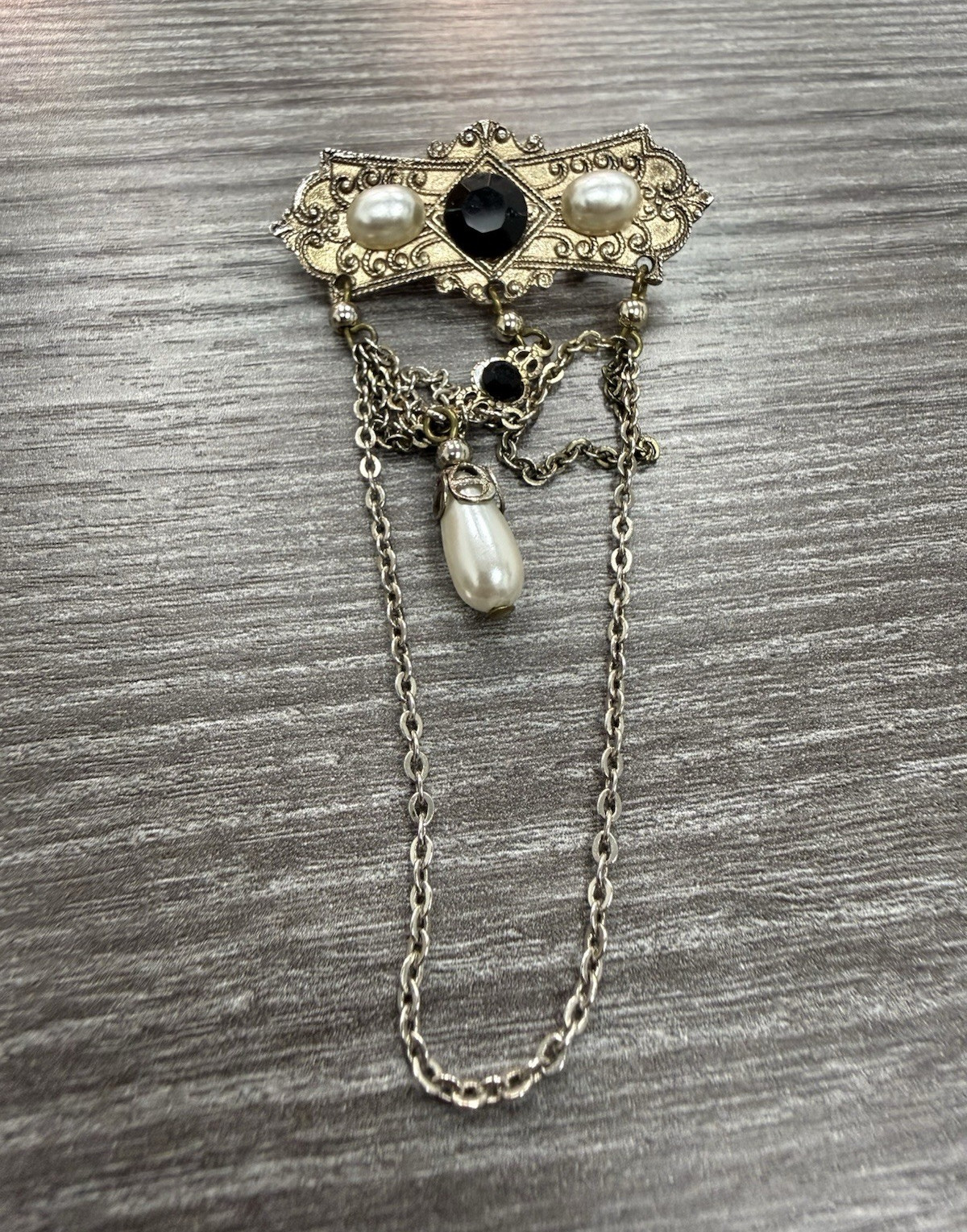 Silver Tone Asymmetrical Brooch Pin, Metal, Dangle Chain, Pearl & Onyx, 1.75 in