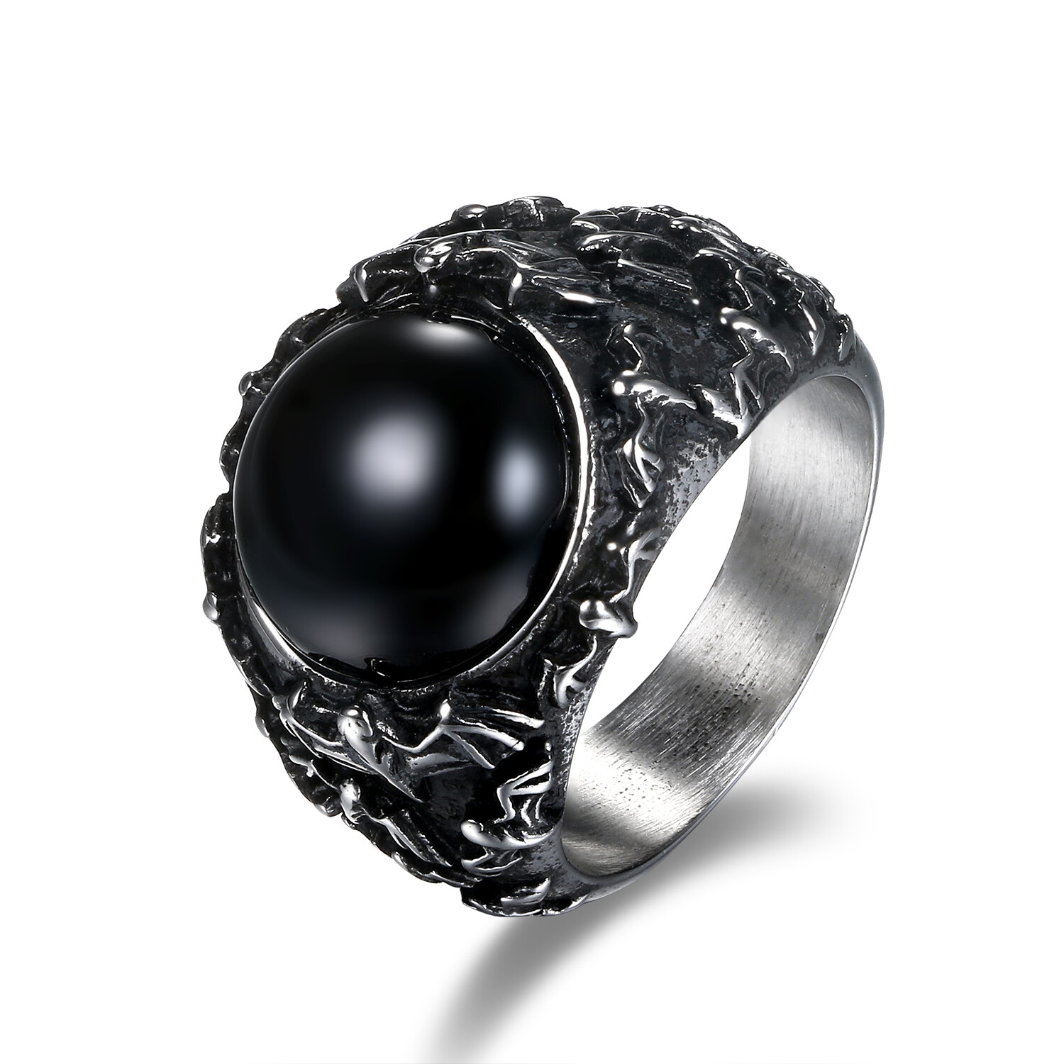 Men’s Gothic Vintage Casted Stainless Steel Bat Black Agate Band Ring Size 7-12