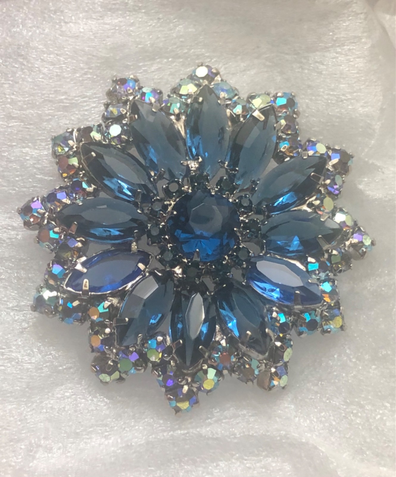 Caribbean Blue Rhinestone Brooch, Layered Navettes ABs, High End, Juliana Style