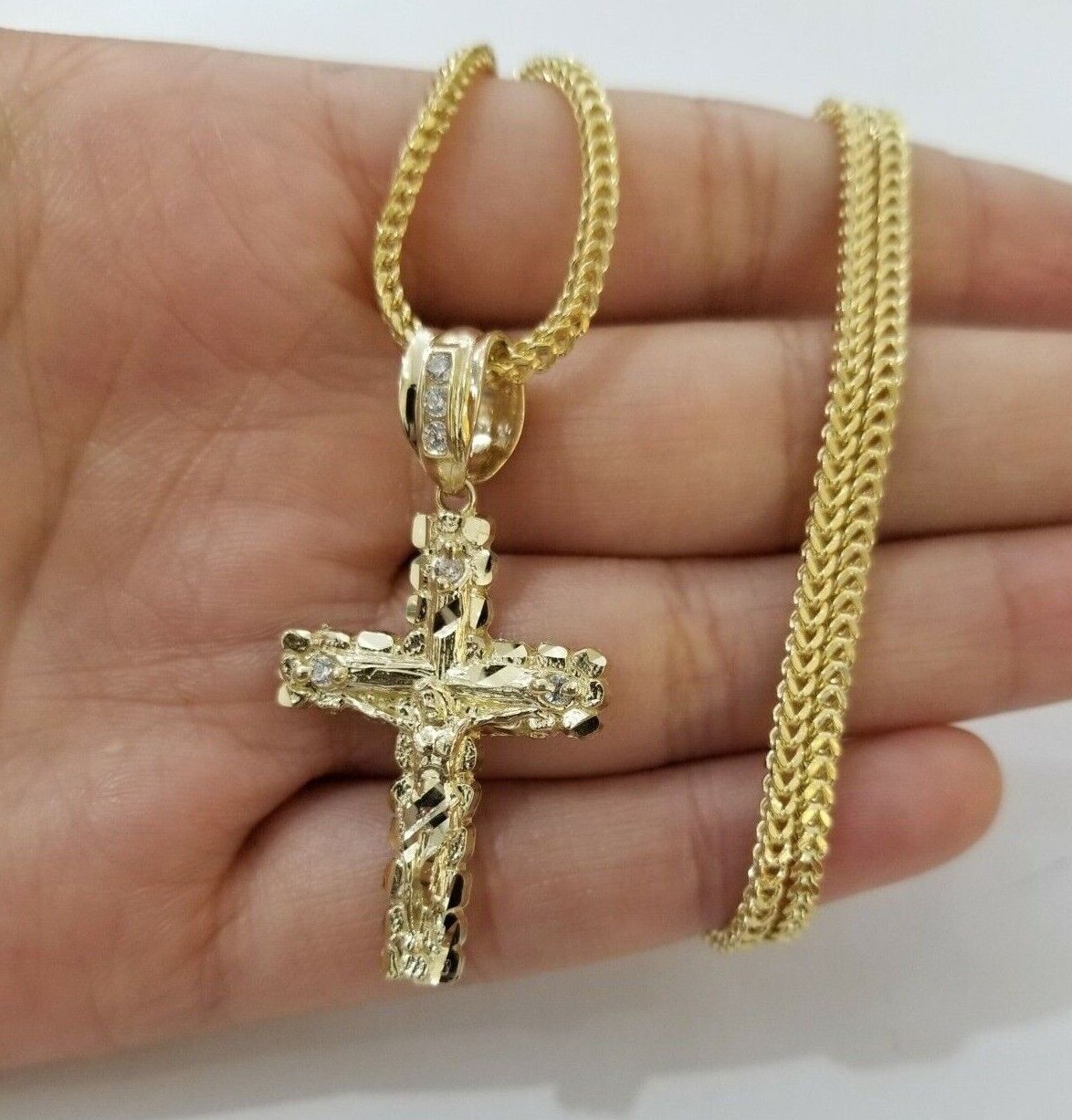 Real 10k Yellow Gold Franco Chain Cross Charm Pendant Set 16″-26″ 2mm Necklace