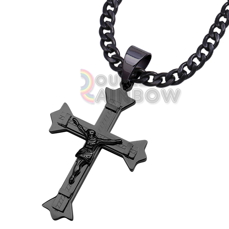 P27 24″Stainless Steel 316L Solid Black Jesus Cross Pendant Cuban Chain Necklace