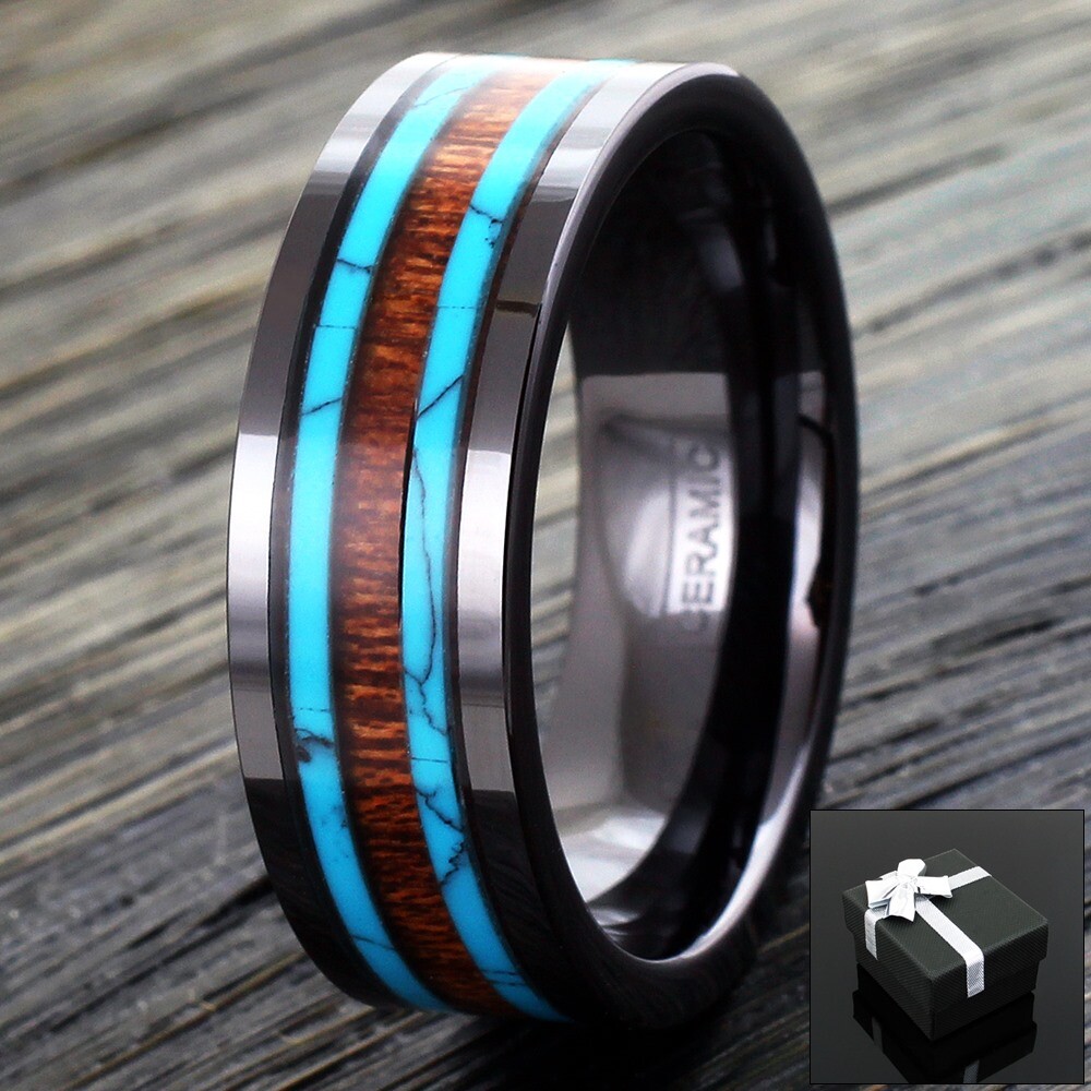 6/8mm Black Hi-Tech Ceramic Men’s Hawaiian Koa Wood & Turquoise Band Ring