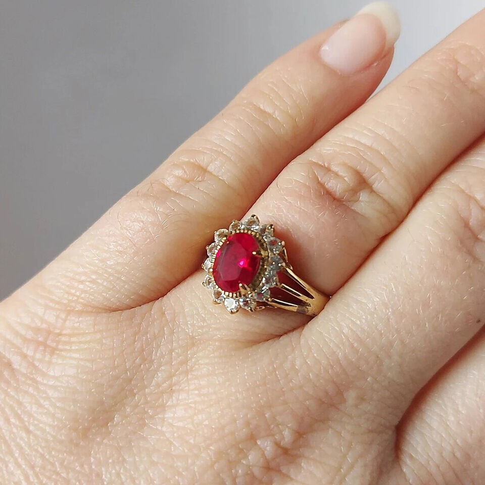 2Ct Oval Cut Lab-Created Red Ruby 14K Yellow Gold Plated Engagement Halo Ring