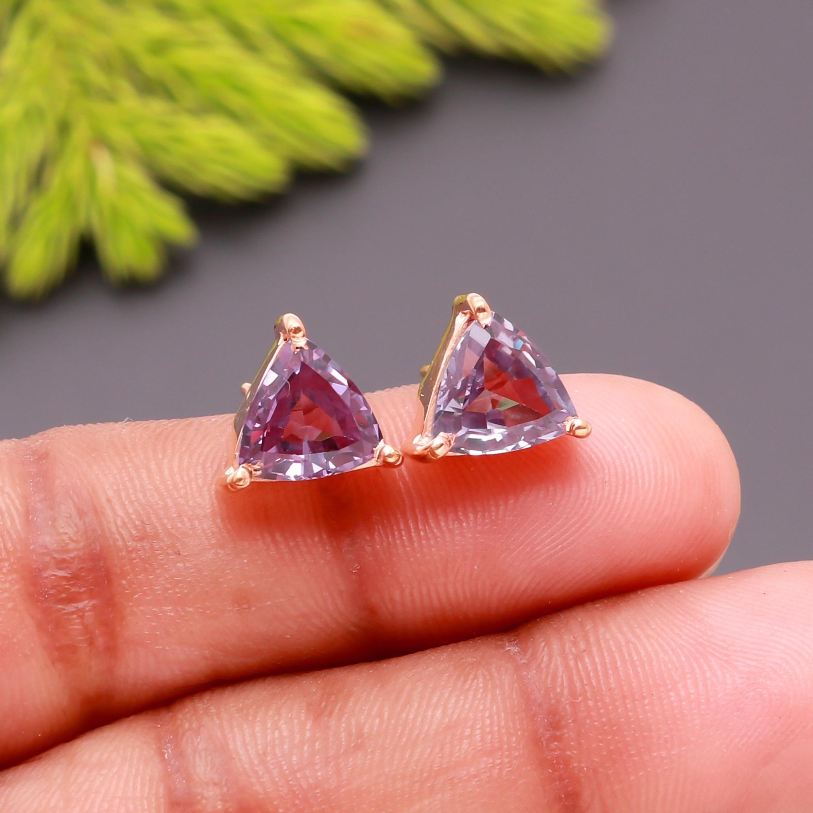 Alexandrite Trillion Stud Earrings Rose Gold Fill Solid Silver Handmade Jewelry