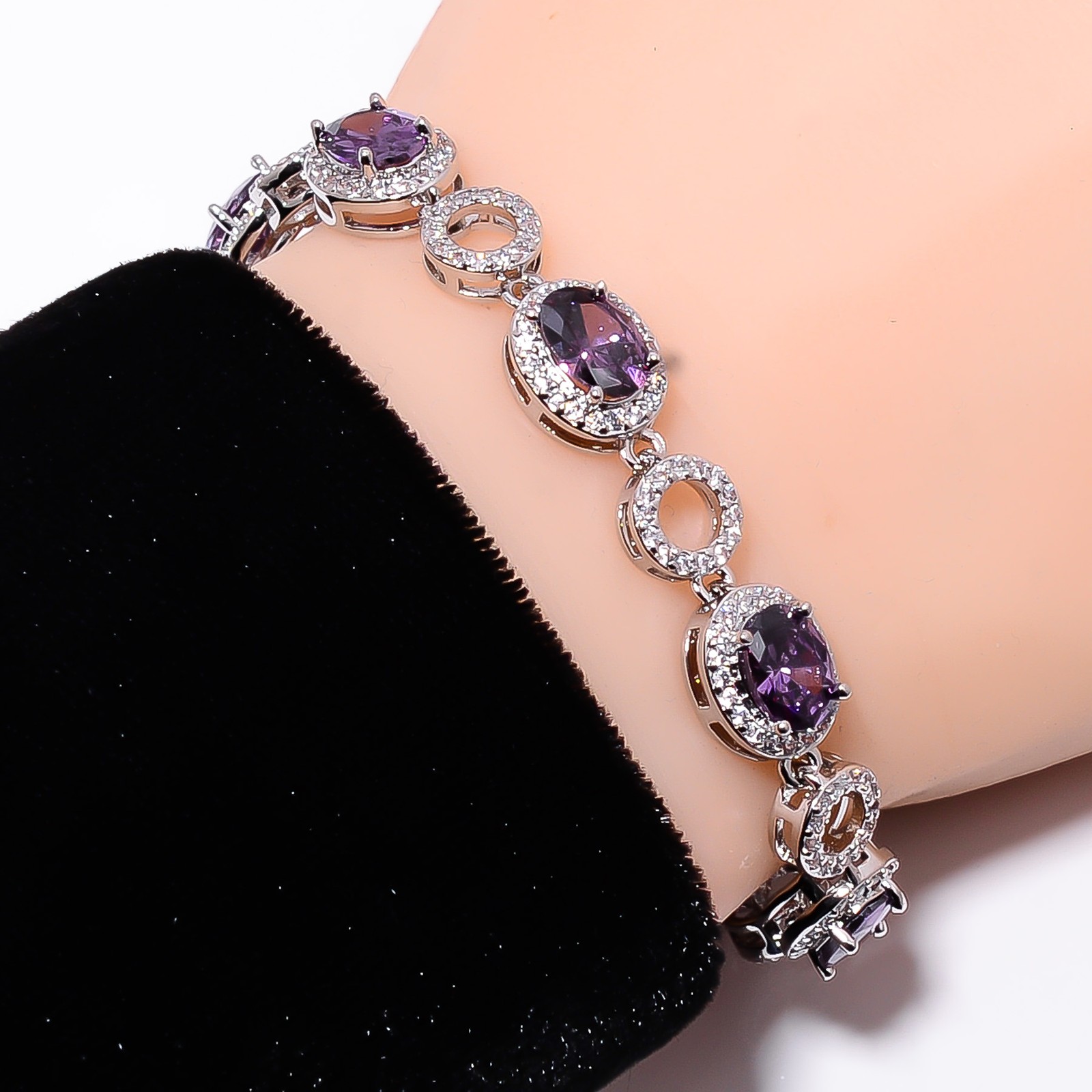 Purple Amethyst, CZ 925 Sterling Silver Adjustable Bracelet 7-8″ B132213