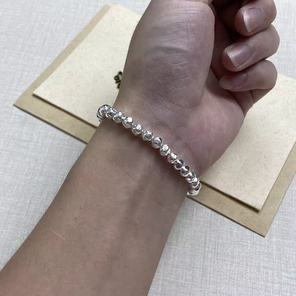Pure S999 Fine Silver 999 Men Women 6mm Polygonal Beads Bracelet Bangle 7.9inch