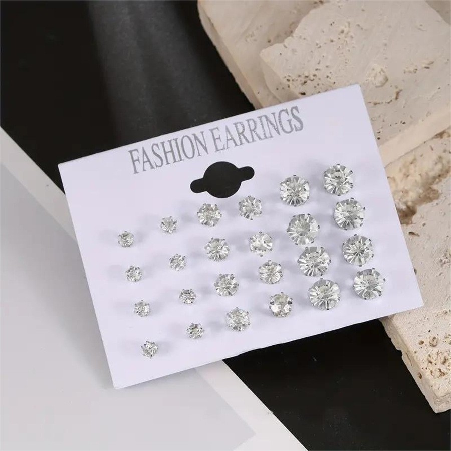 Silver Alloy Zircon Stud Earrings Set 12 Pairs Round Six Prong for For Gifts