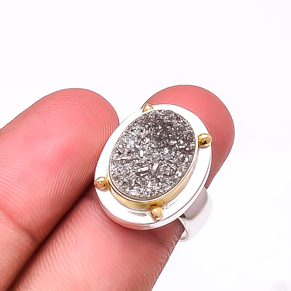 Silver Titanium Agate Drusy Two Tone Designer 925 Sterling Silver Ring S.8 R9