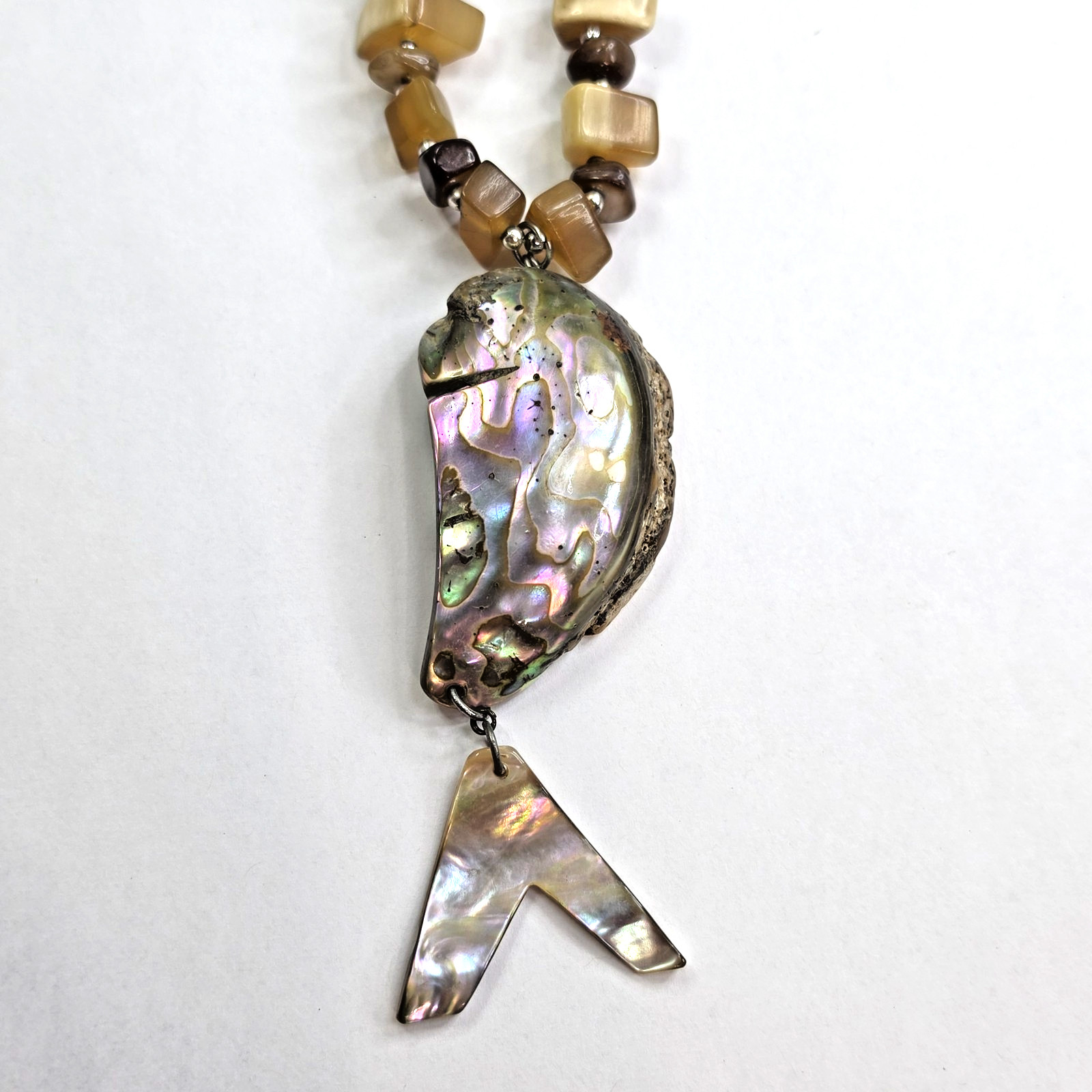 Handcrafted Beaded Necklace w/ Abalone Shell Freeform Pendant, Lobster Clasp