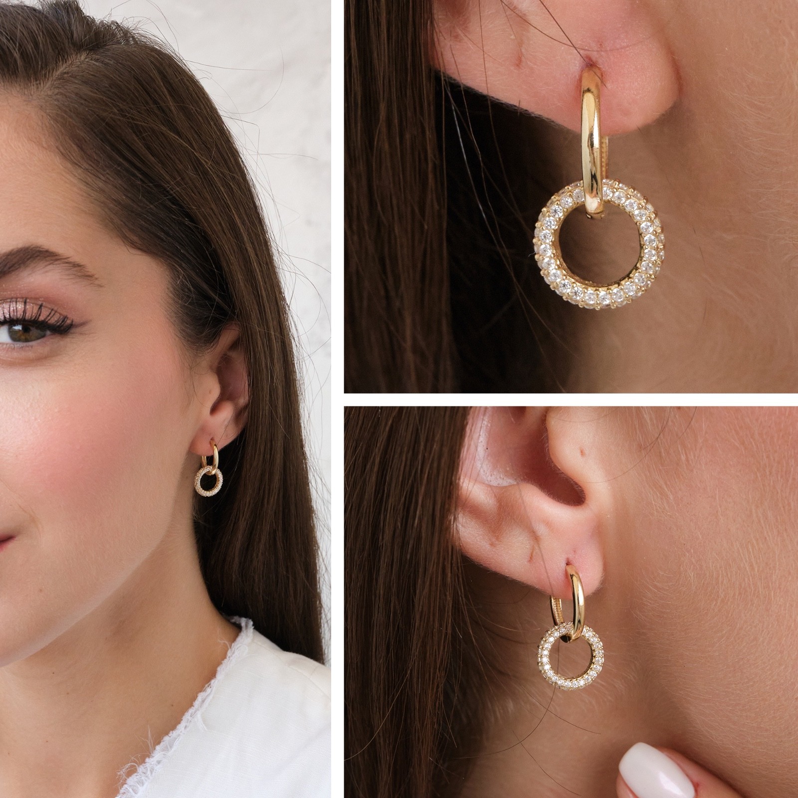 14K Gold Dangling Drop Earrings, Cz Diamond Earrings, Cartilage Upper Earlobe