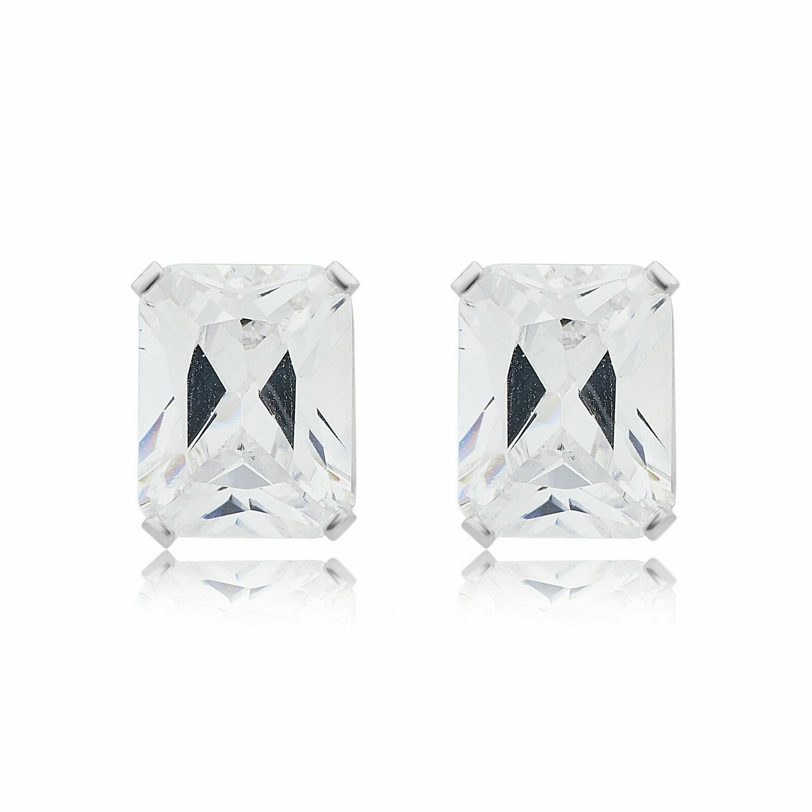 Sterling Silver Emerald Shaped Stud Earrings Cubic Zirconia 6mm Clear CZ