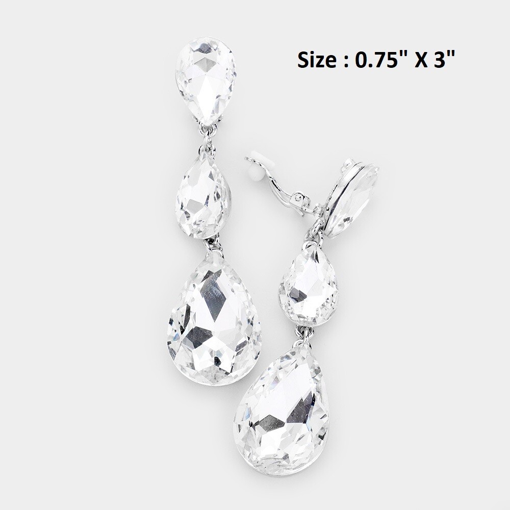 Teardrop Crystal Wedding Cocktail Prom Clip On Long Dangle Drop Earrings Pageant