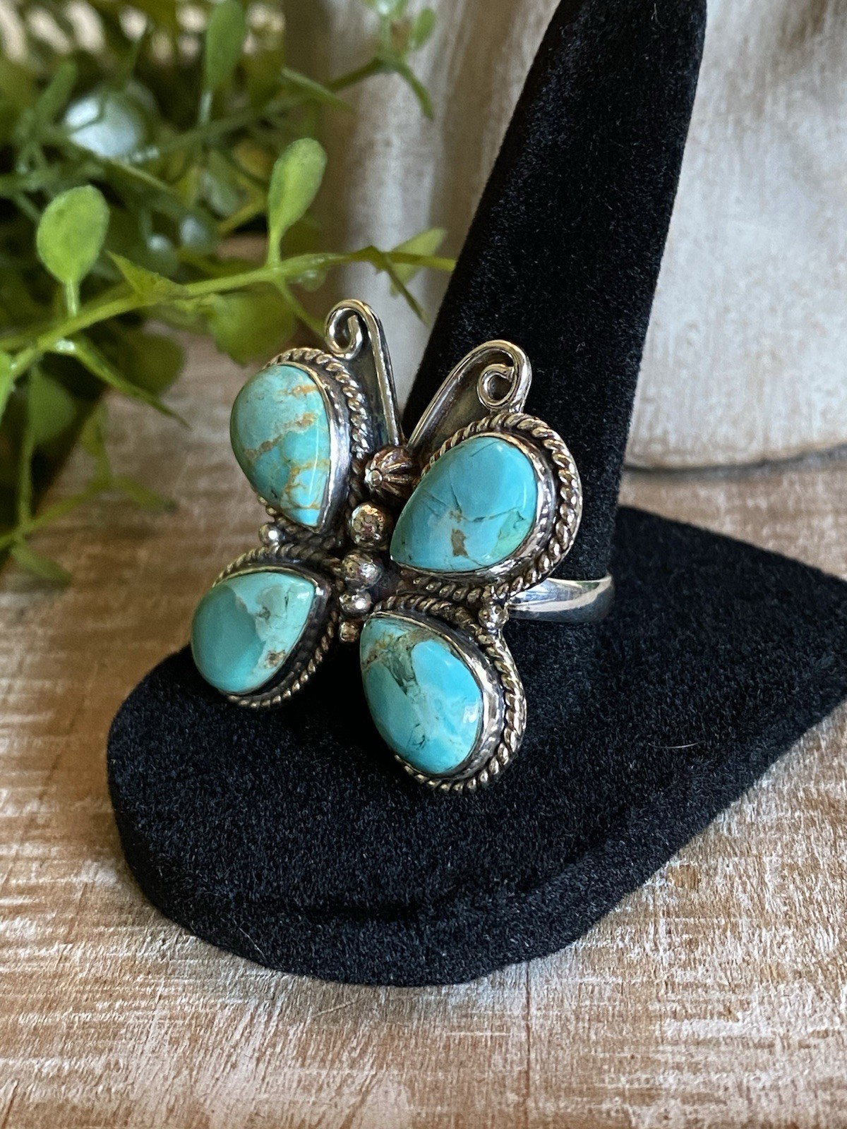Kingman Turquoise Butterfly Statement Ring Sterling Southwestern Boho 8.25