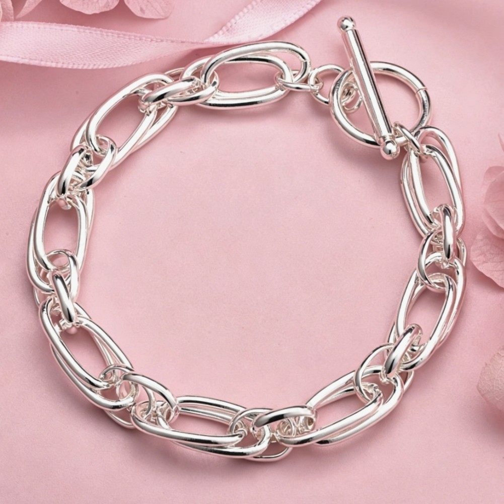 Silvery Two-Layered Oval Link Toggle Bracelet Minimalist Chunky Chain Bangle