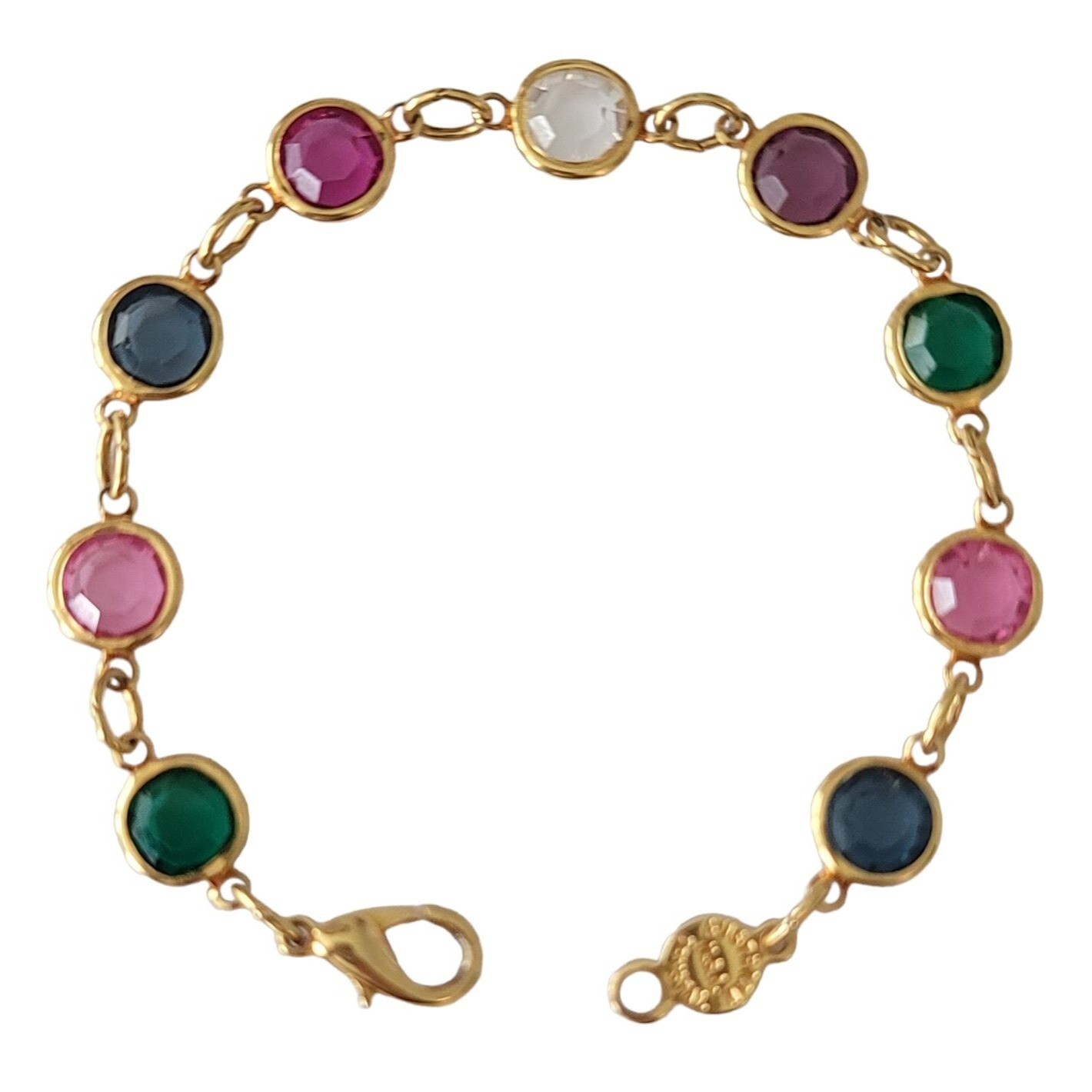 Austria Pink Blue Green Gold Tone Caged Crystal Chain Bracelet, 7.25″ Long E757