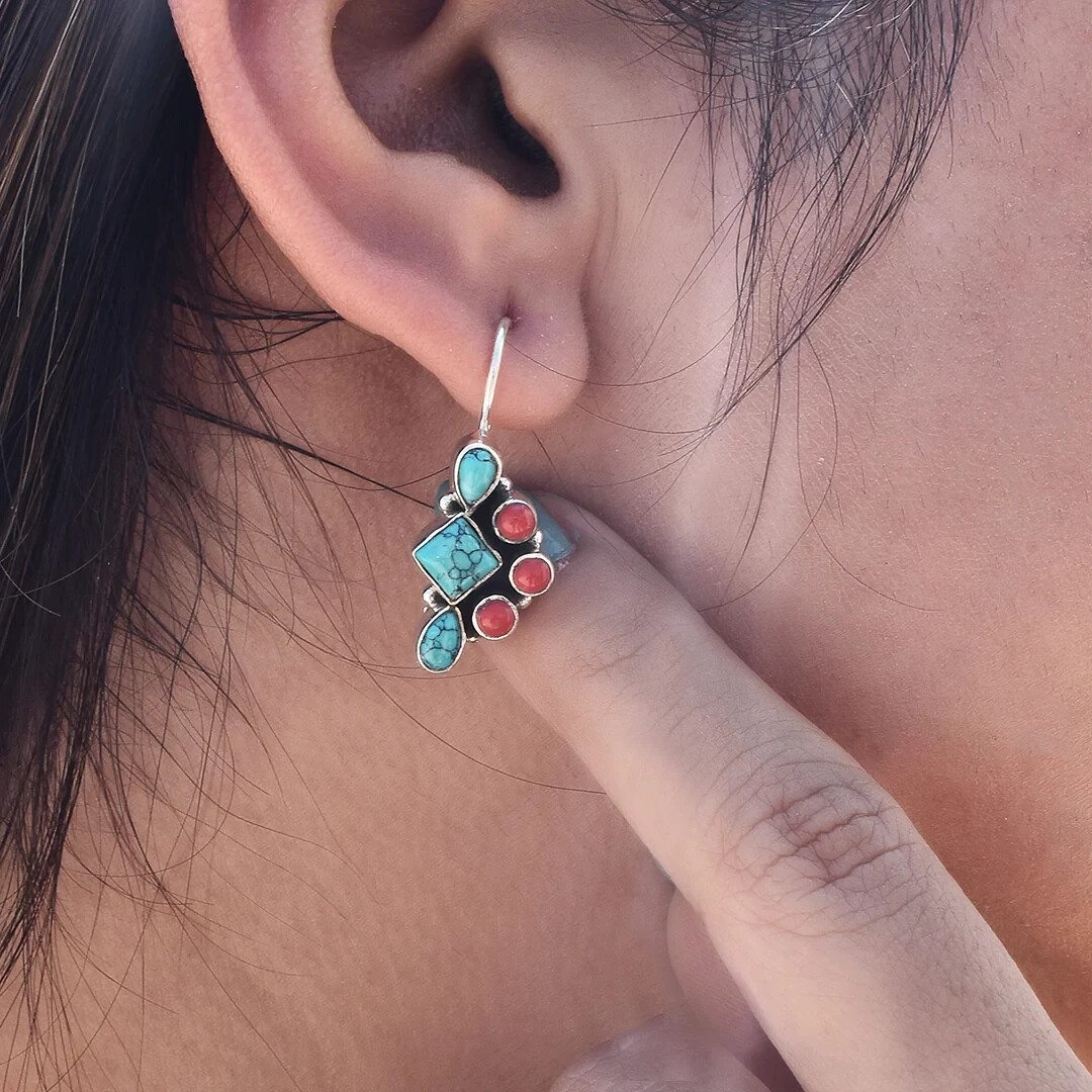 925 Sterling Silver Handmade Earrings Natural Turquoise & Coral Stone Earrings