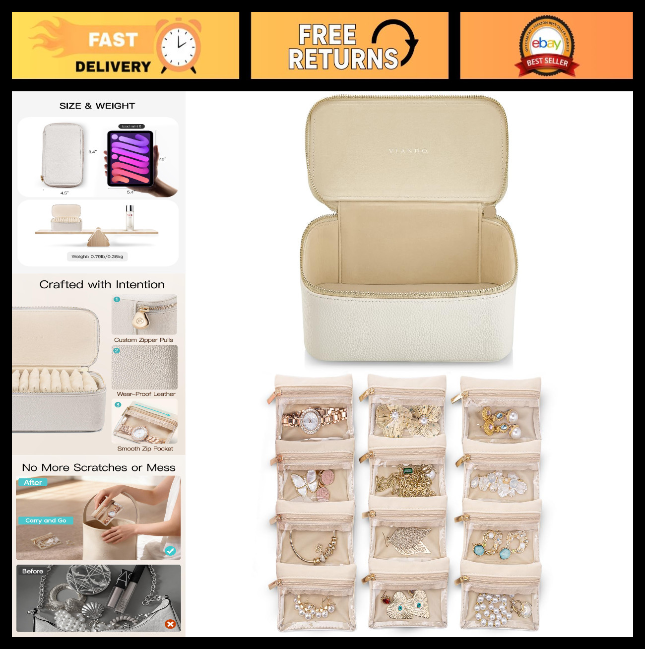 Travel Jewelry Organizer Case with 12 Velvet Pouches – Necklace, Rings, Earrings