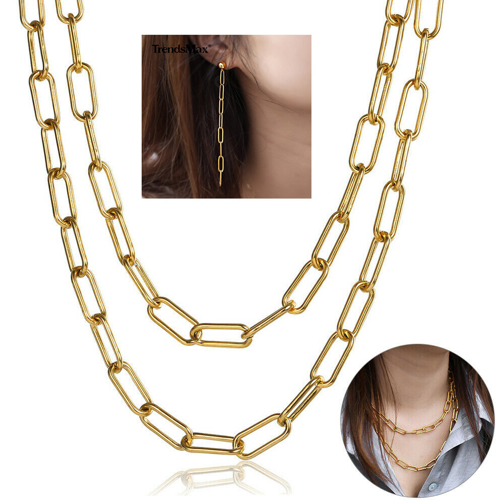 4/7MM Gold Plated Stainless Steel Paperclip Chain Necklace Cross Pendant Choker