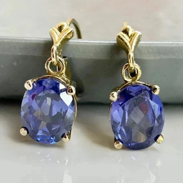 3Ct Oval Cut Drop/Dangle Lab Created Tanzanite Earrings 14K Yellow Gold Plated