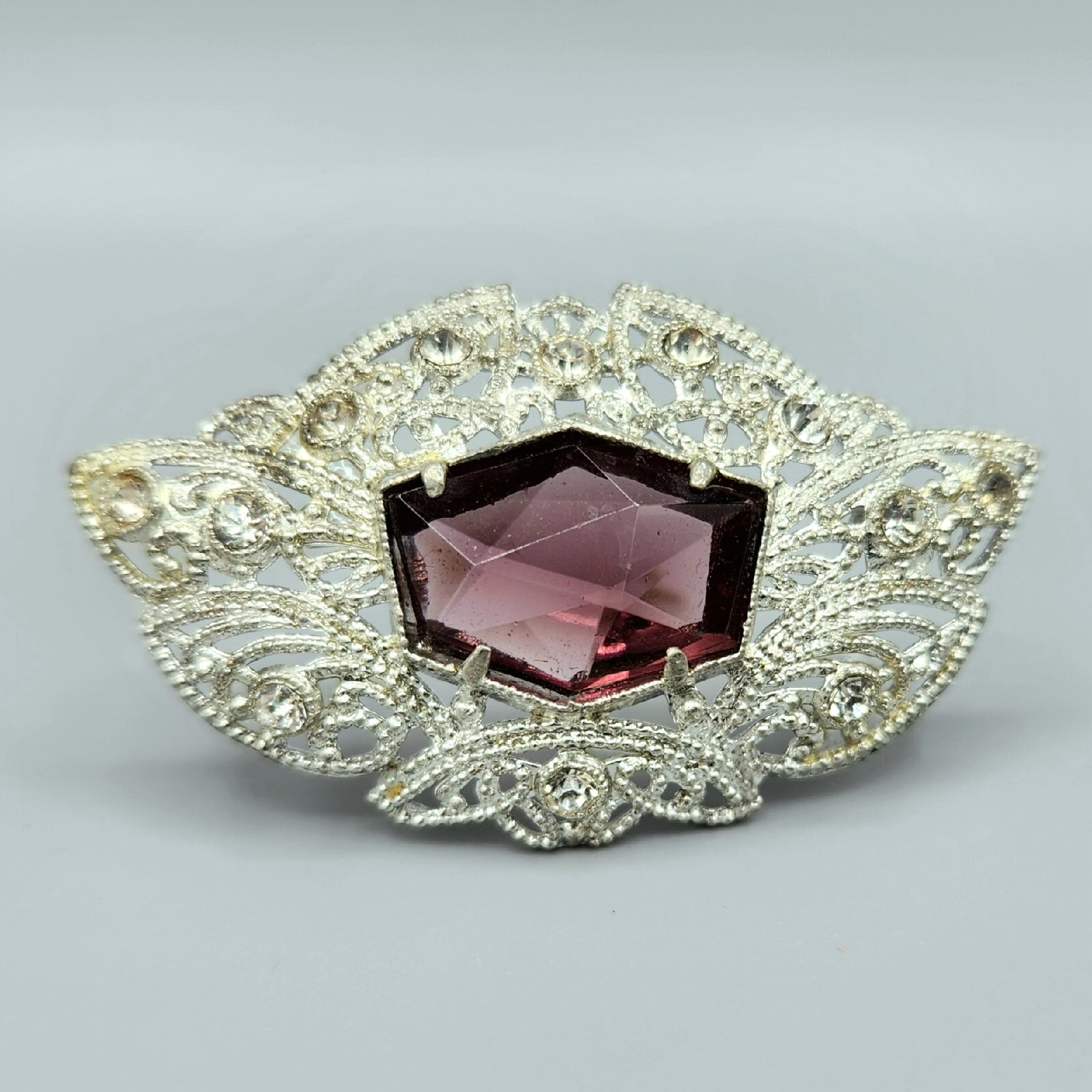 Art Deco Little Nemo L/M Signed Purple Hexagon Glass & Paste Pot Metal Brooch
