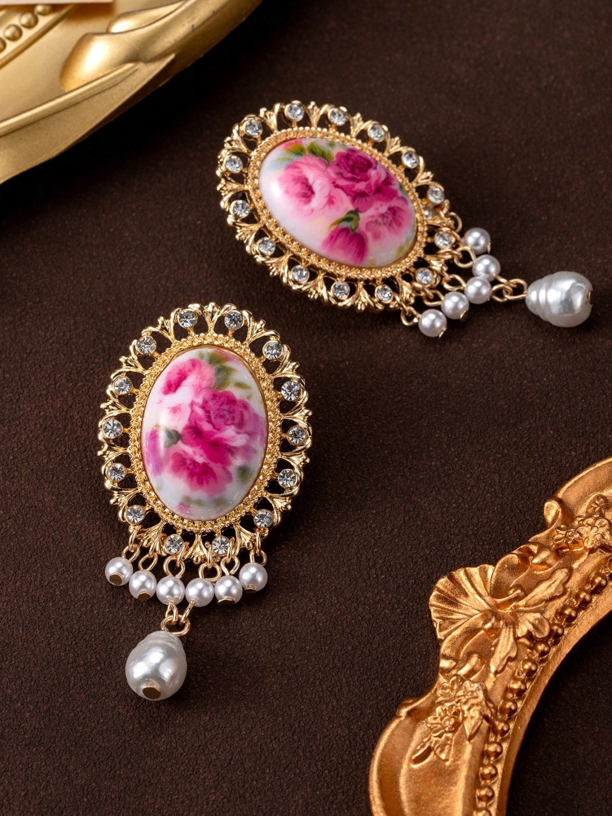 Vintage Floral Cameo Pearl Dangle Earrings Gold Rhinestone Statement Jewelry