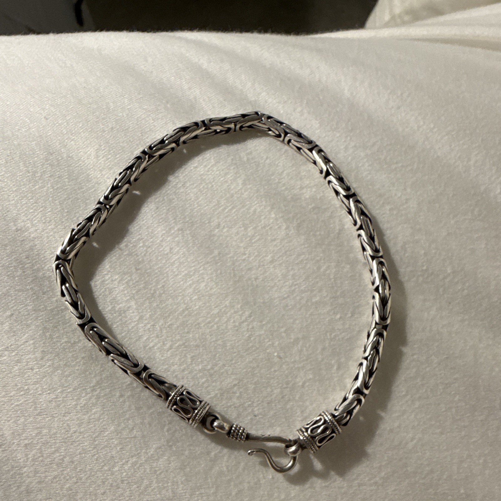 Silver 925 Byzantine Chain Bracelet, Hook Closure, No Stone