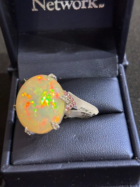 16.30 Ct Opal-.040 ctw Pink white Toumaline Diamond 14K gold ring