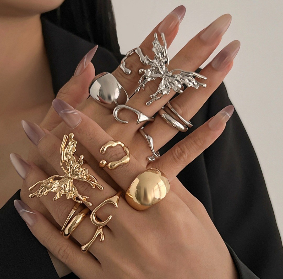 7Pcs Chunky Butterfly Ring Set Adjustable Statement Stackable Rings