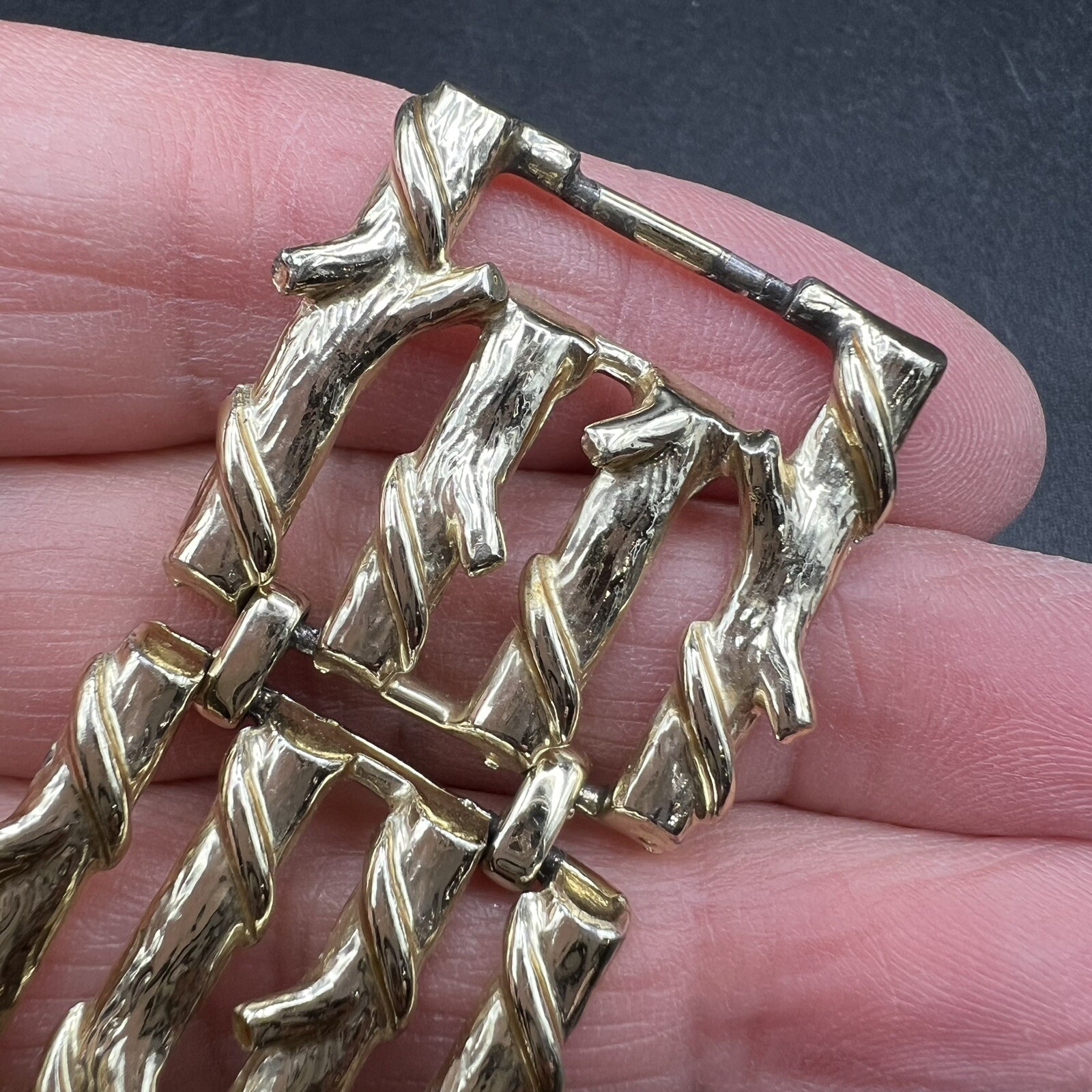 Vintage Signed Coro Bamboo Branch Design Gold Tone Wide Link Metal Bracelet