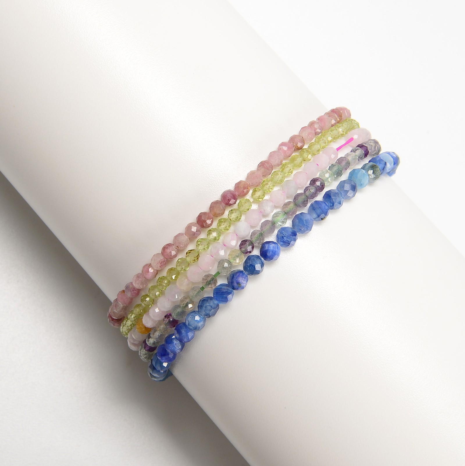 02-Natural Gemstone Faceted Round Beaded Elastic Bracelet 2mm 3mm 4mm 7.5” Long