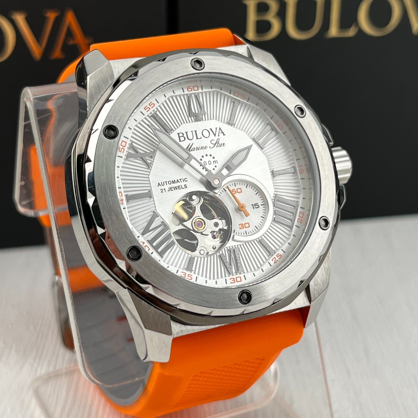 Bulova Marine Star 45mm Whit Dial Silver Case Orange/Grey Silicone Strap 98A226