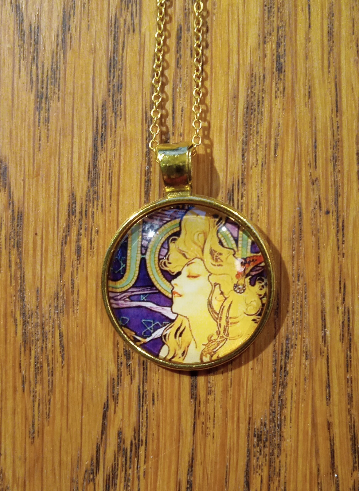 Goddess Cabochon Pendant, Alphonse Mucha Art Nouveau, Glass Pendant Goldplated