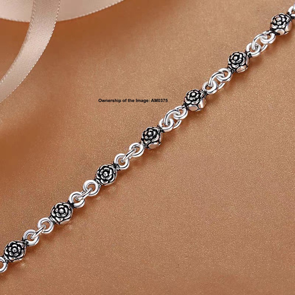 Gift-Ready Pure 925 Sterling Silver ROLO Chain Bracelet with Rose Pattern Beads