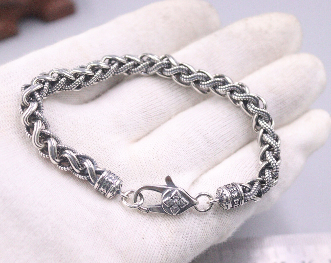 Pure S925 Sterling Silver Bracelet Vintage Lobster Round Wheat Link 7.9inch