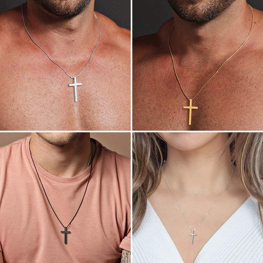 Cross Necklace for Men,Silver Stainless Steel Plain Cross Pendant Necklace