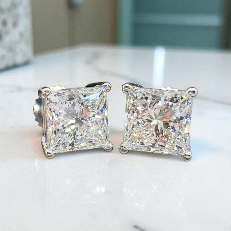 4.00 E VS1 Ct Princess Lab Grown Diamond Studs Set in 14k White IGI Certified