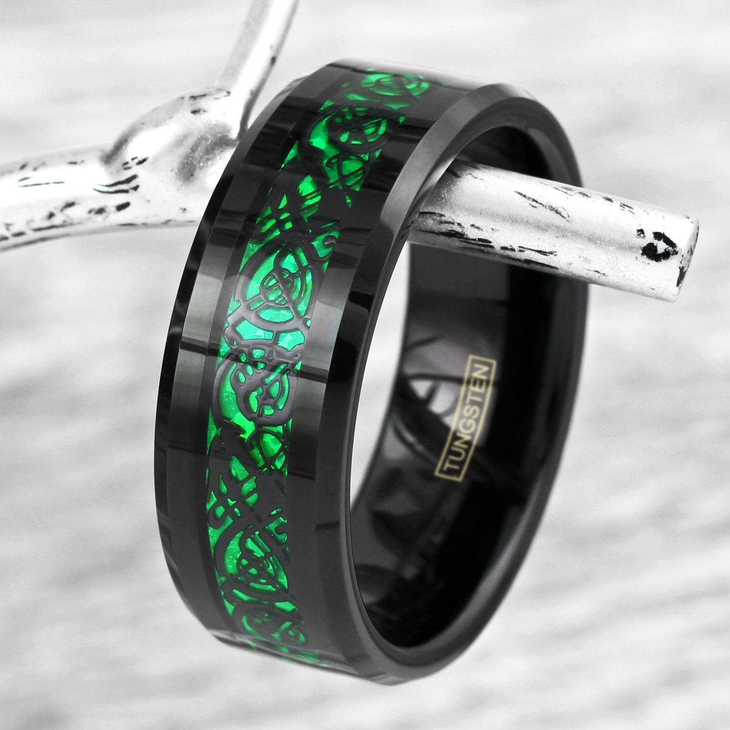 8mm Black Tungsten Carbide Men’s Ring Green Celtic Dragon Wedding Band