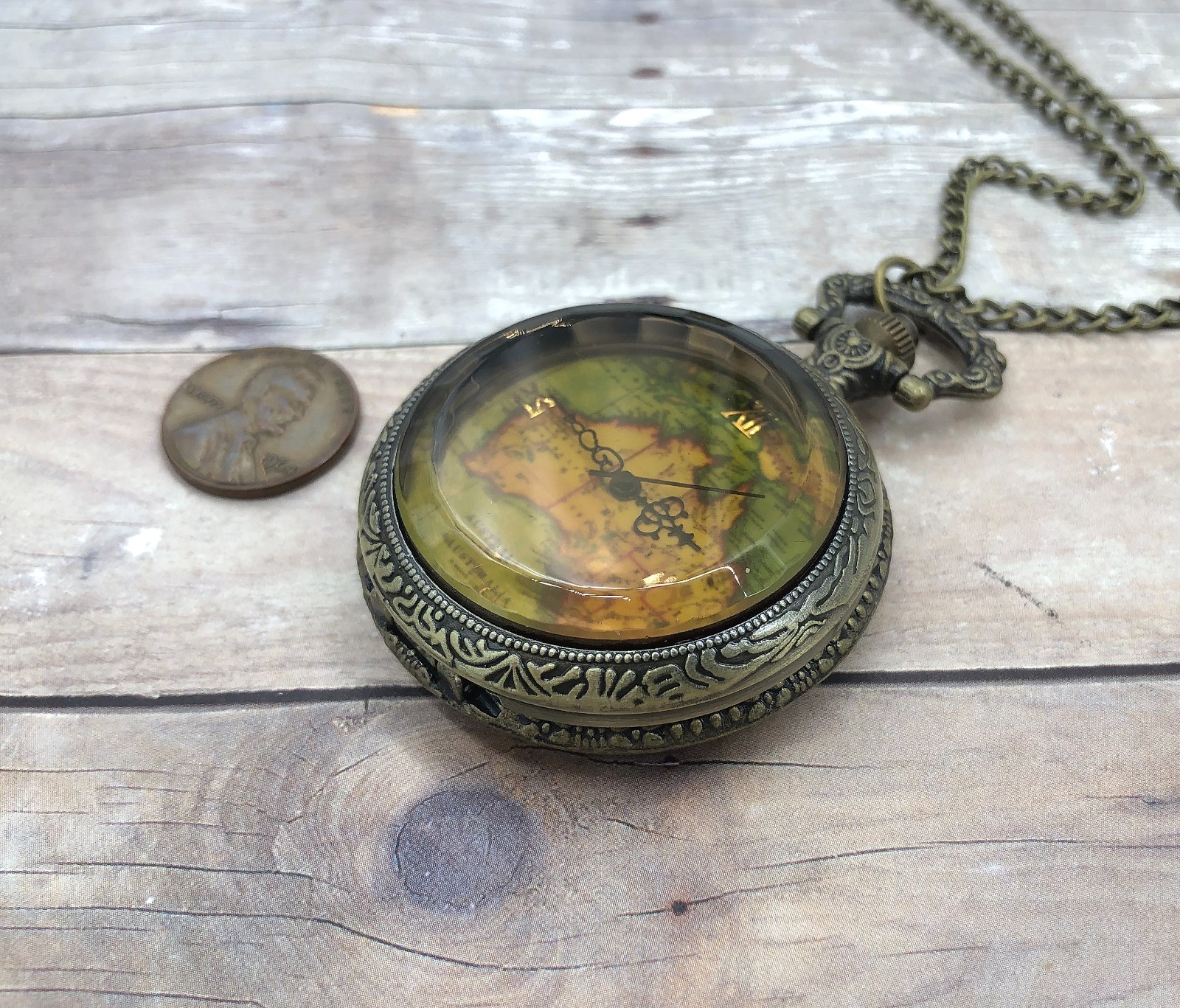 Vintage Map Pocket Watch Necklace 47mm Antique Bronze Case w/ 31″ Chain