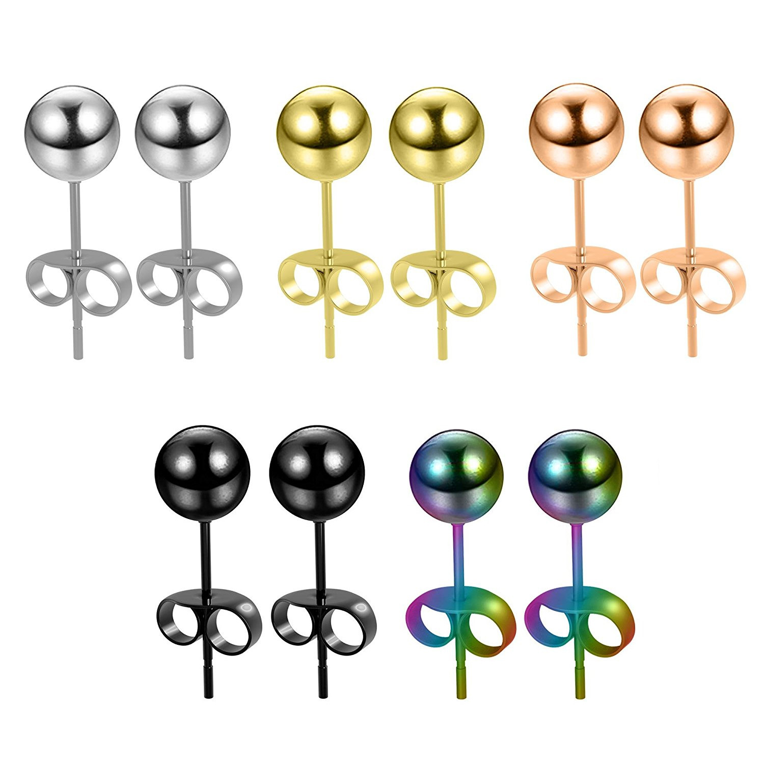 20G Push Back Earrings Stainless Steel Stud package Mens Womens 5 pairs Piercing