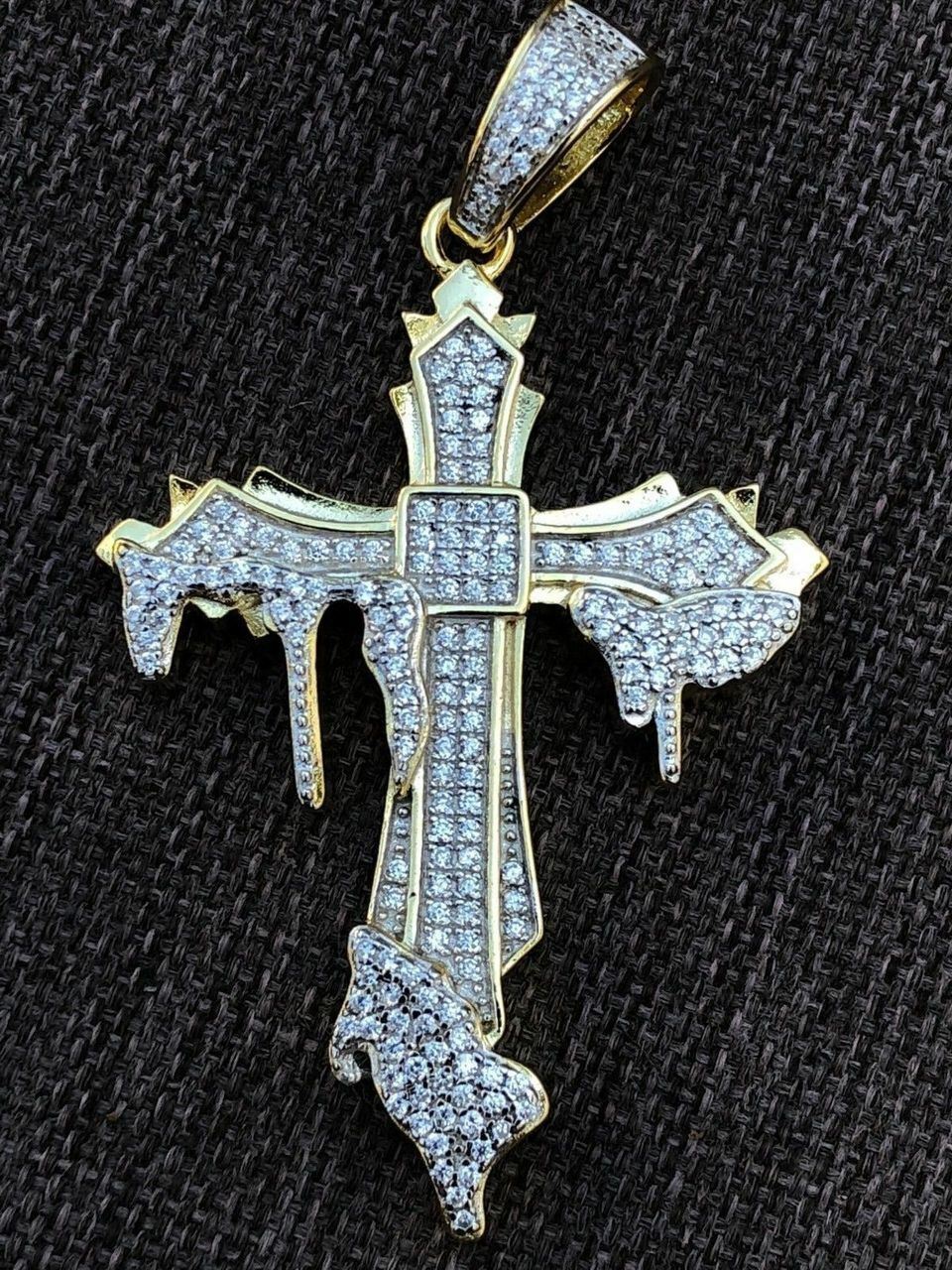 Solid 925 Sterling Silver Gold Plated Dripping Cross Mens Icy Pendant Flooded CZ