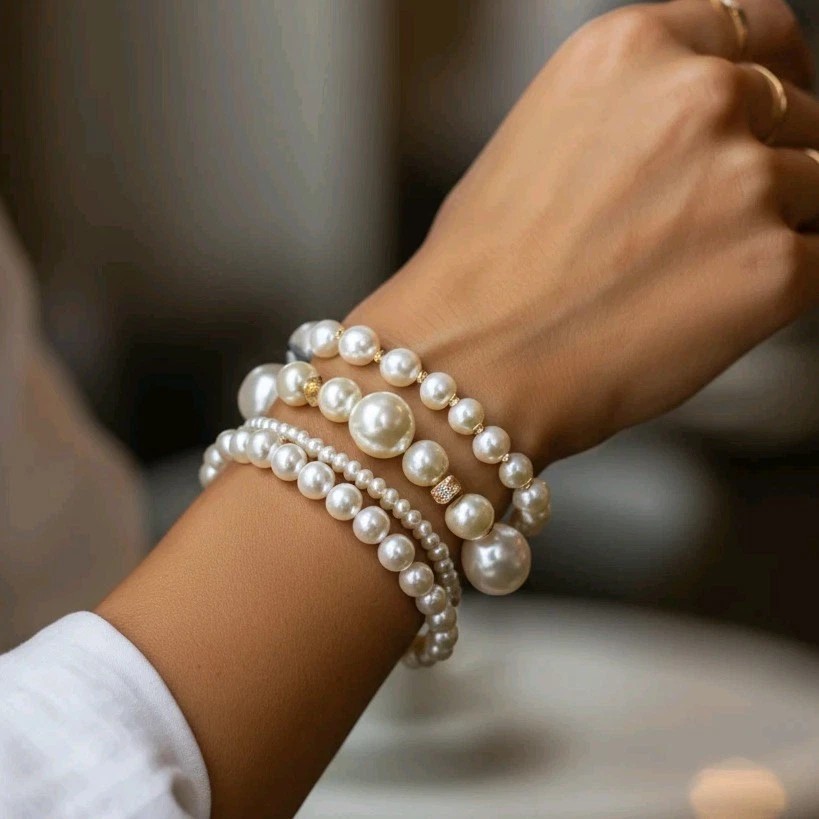 4-Piece Pearl Beaded Bracelet Set, Gold Accents, Stretch Layered Jewelry
