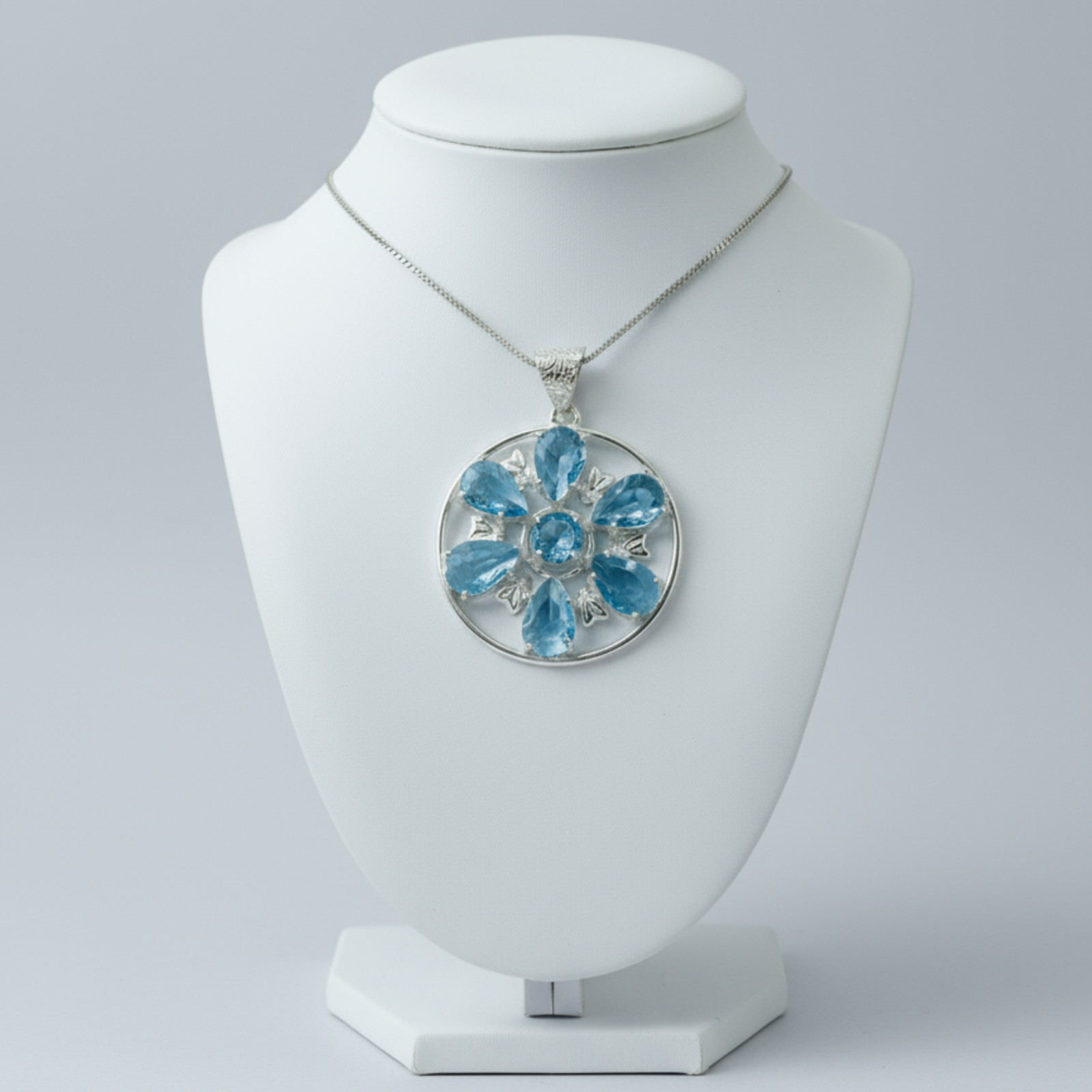 Aqua Blue Topaz 7 Stones Pendant with Free Chain Handmade Silver Plate Necklace