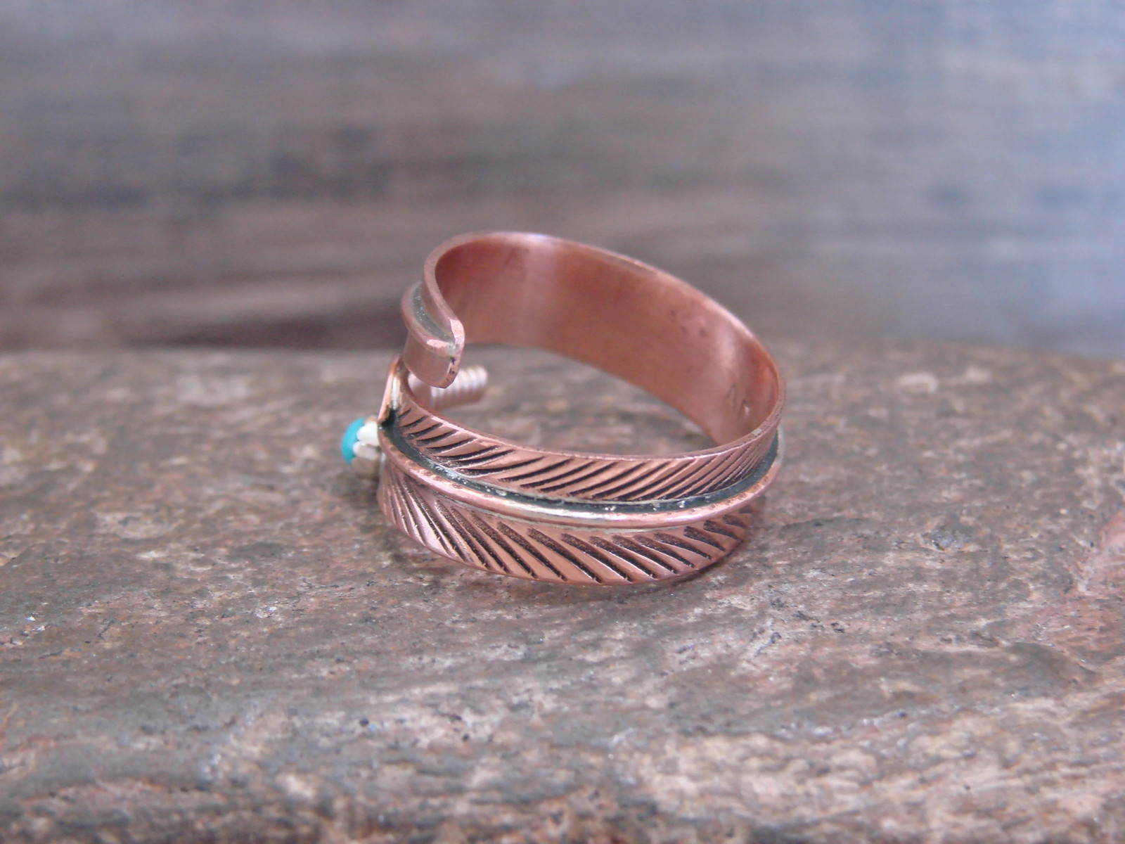 Native American Copper & Turquoise Adjustable Feather Ring Signed Davis