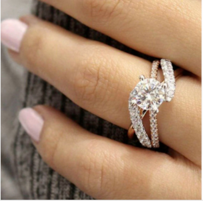 Rose Gold Engagement Ring 7MM CZ stone in Bypass Setting w accents Sizes 7 9 10