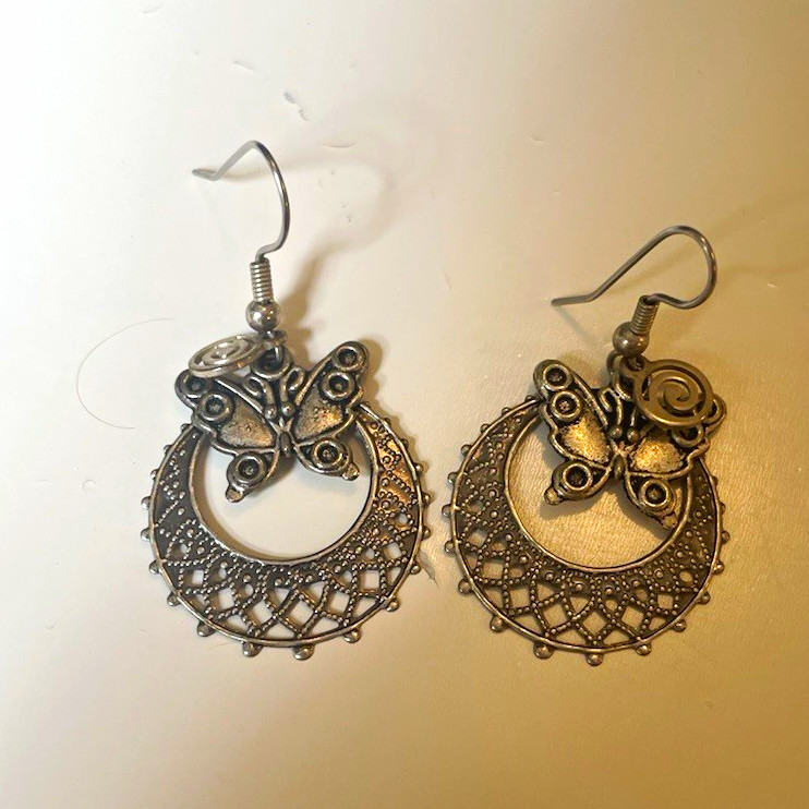 Silver Tone Filigree Butterfly Dangle Drop Earrings Hook Closure No Stone